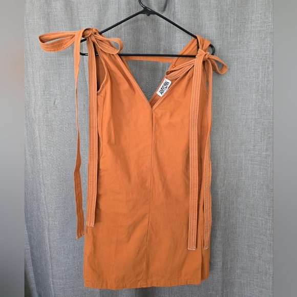 AmyLynn mini shift dress w/ tie shoulders & contrast stitching XS Orange V Neck - Picture 2 of 9